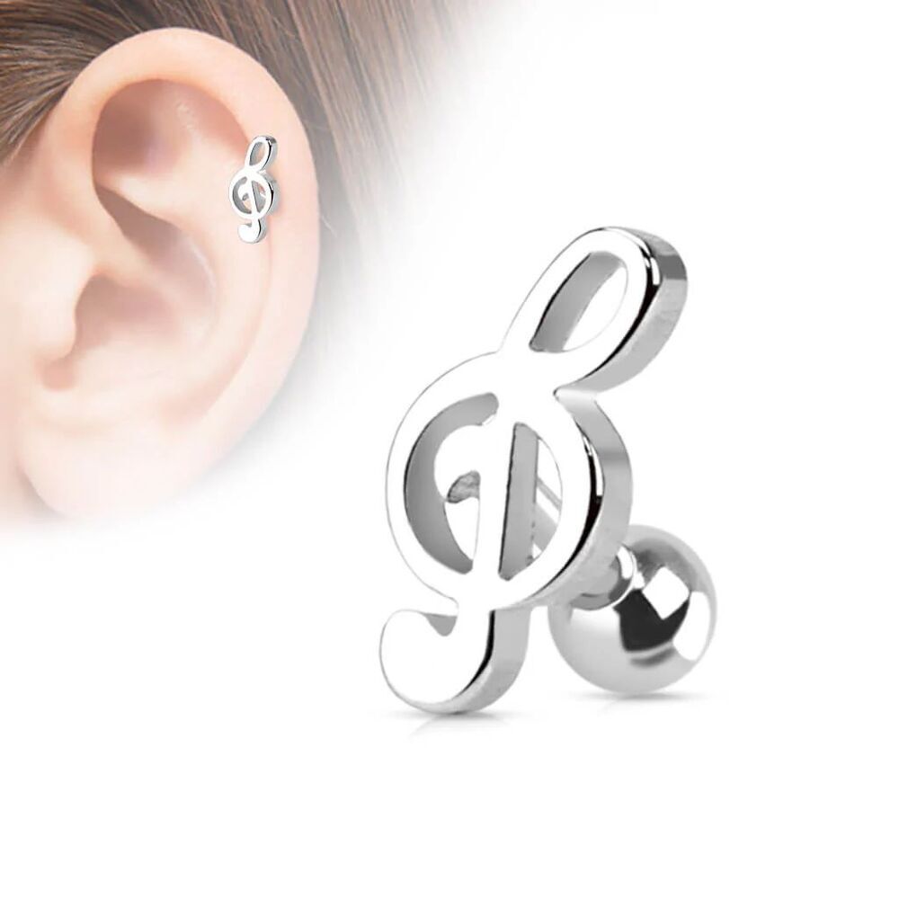 Treble Clef Cartilage/Tragus Stud 16G 1/4” 316L Steel Music Note Piercing